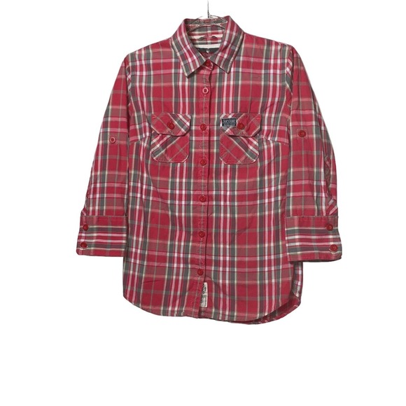 Womens Superdry Red/White PLAID SHIRT size L button up 3/4 sleeve - Picture 5 of 11